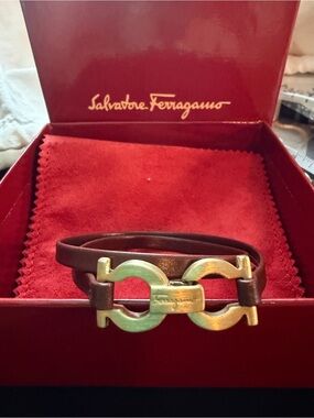 Salvatore Ferragamo Gancini Cognac Leather Double Wrap Bracelet Gold Tone